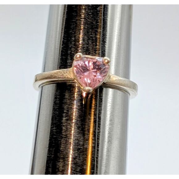 925 Sterling Silver Pink Glass Heart Solitaire Ring Size 3 - Picture 4 of 5